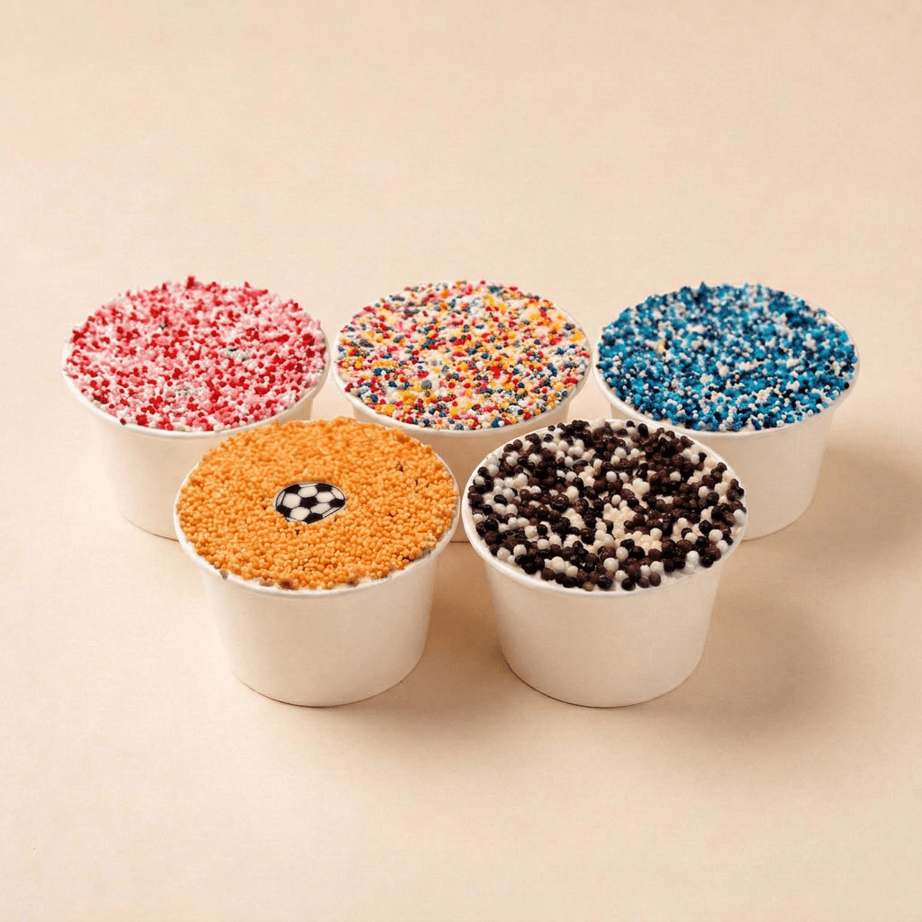 Overzicht van vijf verschillende dotcakes met roomkaasfrosting en feestelijke discodip in diverse kleuren en smaken: een roze dotcake, een originele vanille dotcake met kleurrijke sprinkles, een bosbessen dotcake met blauwe sprinkles, een WK Special met oranje spikkels en voetbaldecoratie, en een chocolade dotcake met chocoladeparels.