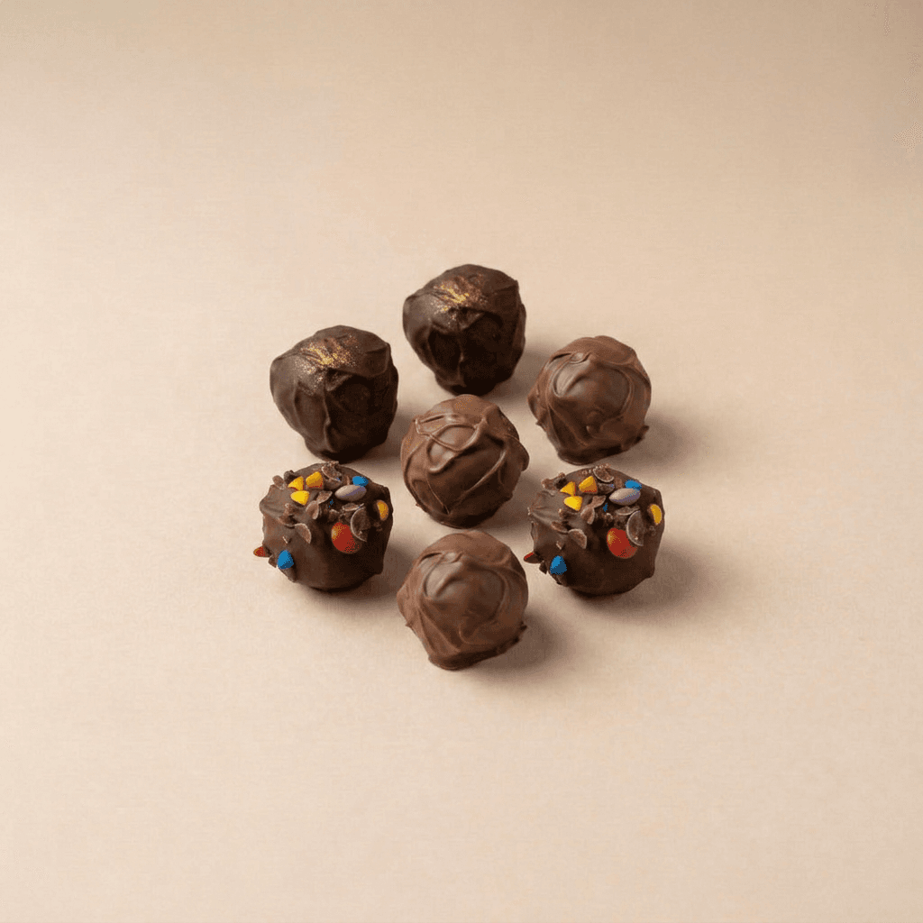 Assortiment van zeven Choco Dough-ballen in verschillende smaken, stijlvol gepresenteerd op een zachte beige achtergrond. De selectie bevat klassieke melkchocoladevarianten, kleurrijke Rainbow Choco Dough met smarties en chocoladeschilfers, en donkere varianten met een subtiele gouden afwerking. De verschillende toppings en coatings zorgen voor een luxe en speelse uitstraling.