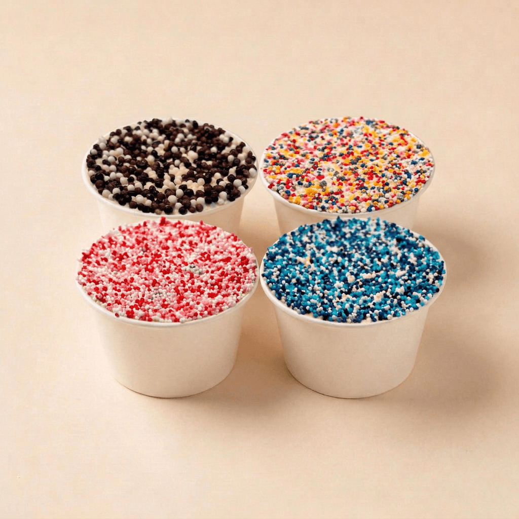 Overzicht van vijf verschillende dotcakes met roomkaasfrosting en feestelijke discodip in diverse kleuren en smaken: een roze dotcake, een originele vanille dotcake met kleurrijke sprinkles, een bosbessen dotcake met blauwe sprinkles, een WK Special met oranje spikkels en voetbaldecoratie, en een chocolade dotcake met chocoladeparels.