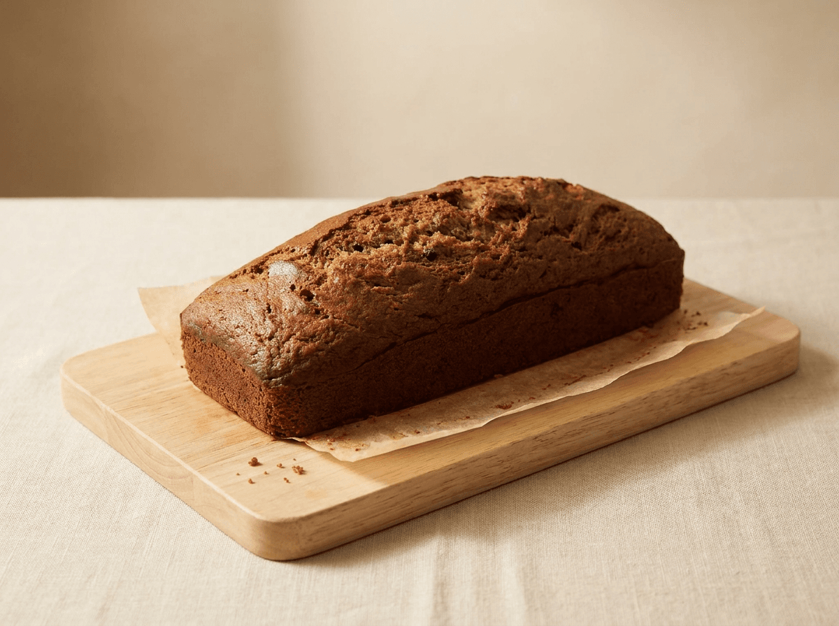 alt text Goudbruine bananencake met stukjes pure chocolade, op bakpapier op een houten plank, tegen een lichte, linnen achtergrond.